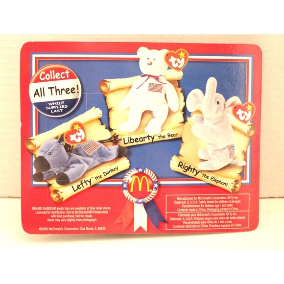 Ty Beanie Babies Lefty the Donkey Mc Donalds American Trio Original Pack NEW - Picture 5 of 6